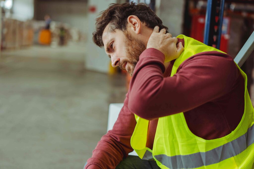 Injured warehouse worker in safety vest holding neck in pain after workplace accident
